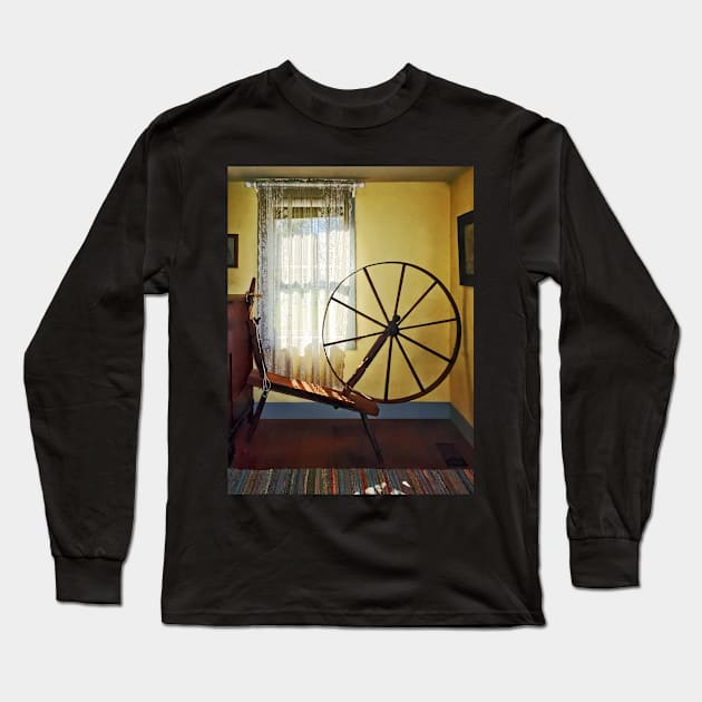 Knitting - Large Spinning Wheel Near Lace Curtain Long Sleeve T-Shirt by SusanSavad